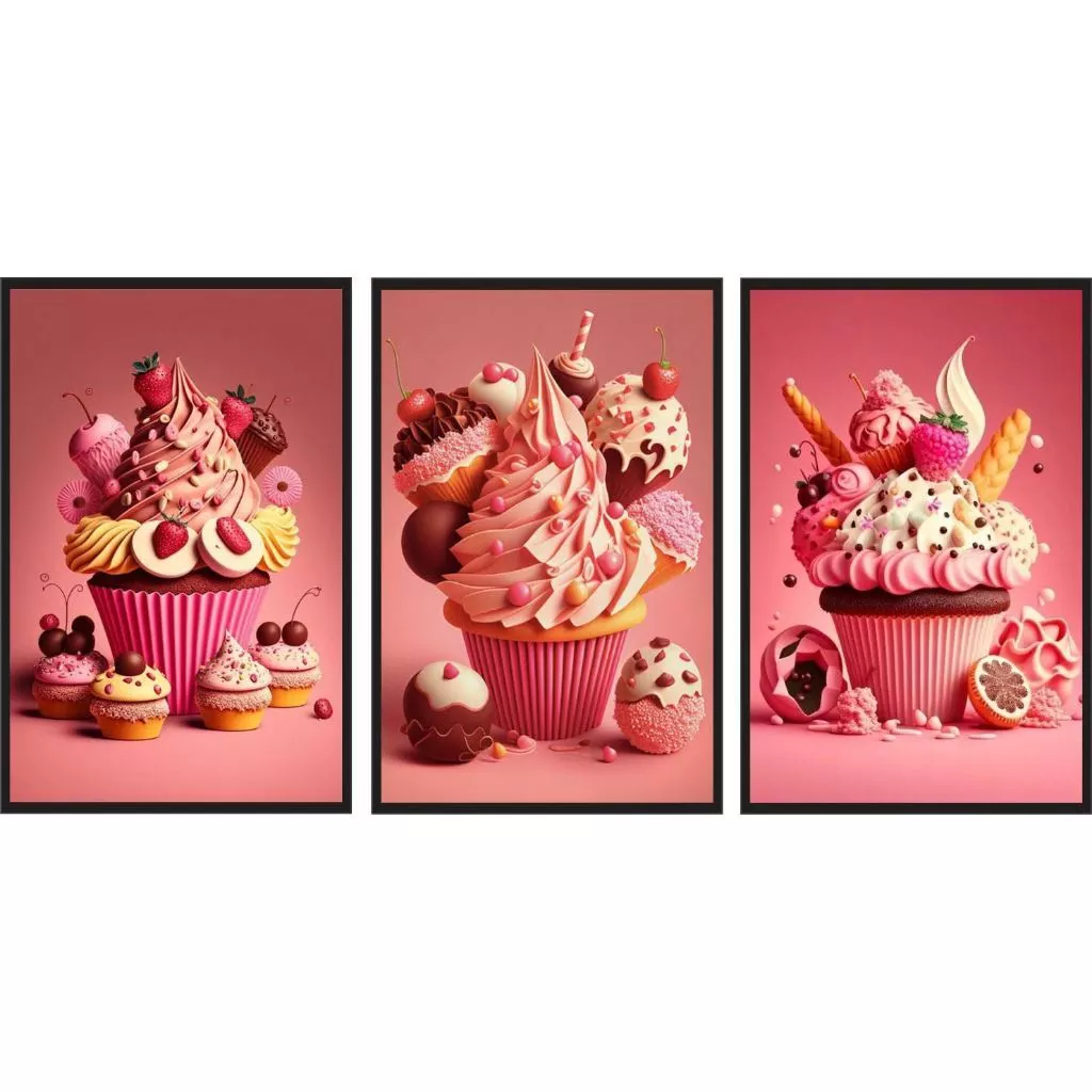 Quadro Decorativo Cupcake Bolo Doce Rosa Confeitaria Sobremesa Delicado Açúcar Confeitos
