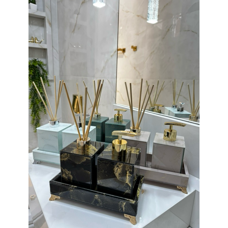 Kit Lavabo Banheiro Difusor Saboneteira e Bandeja 20x10cm Efeito Mármore Aromatizador Saboneteira Pump em Oferta na Shopee
