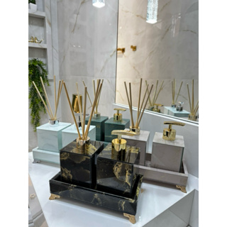 Kit Lavabo Banheiro Difusor Saboneteira e Bandeja 20x10cm Efeito Mármore Aromatizador Saboneteira Pump em Oferta na Shopee
