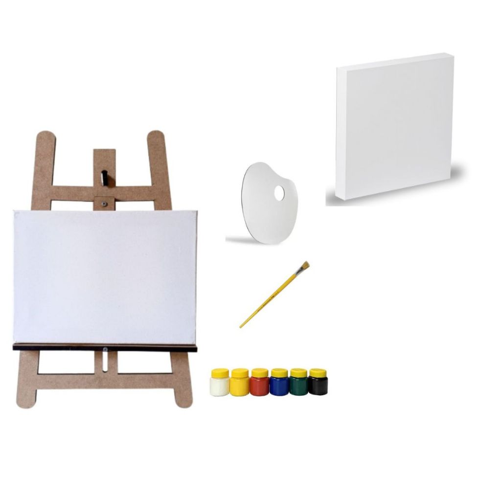 Kit Pintura Infantil Mini Cavalete Tripé Madeira MDF Cru, 2 Telas, Pincel, 6 Tintas e Paleta