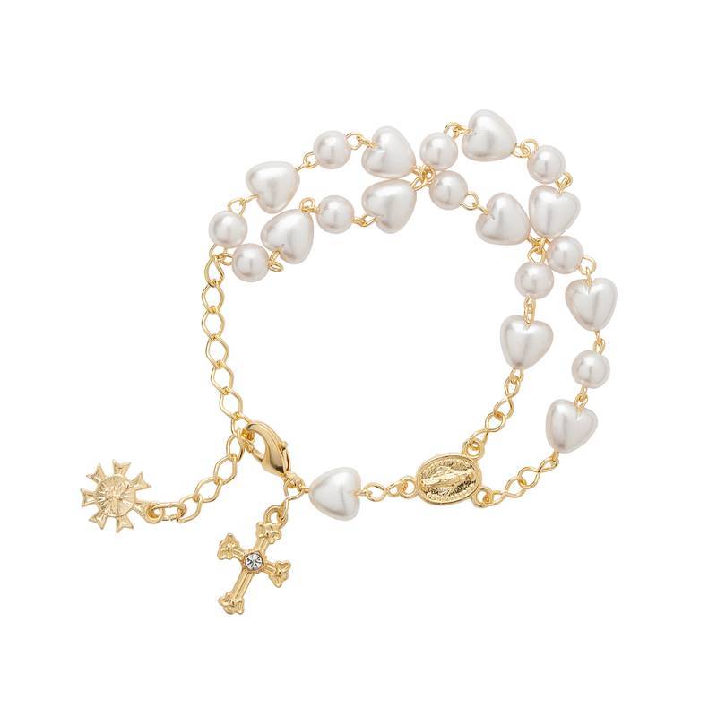 Pulseira Duas Dezenas de Nossa Senhora das Graças Contas em Pérolas de Coração - 21cm - Regulável