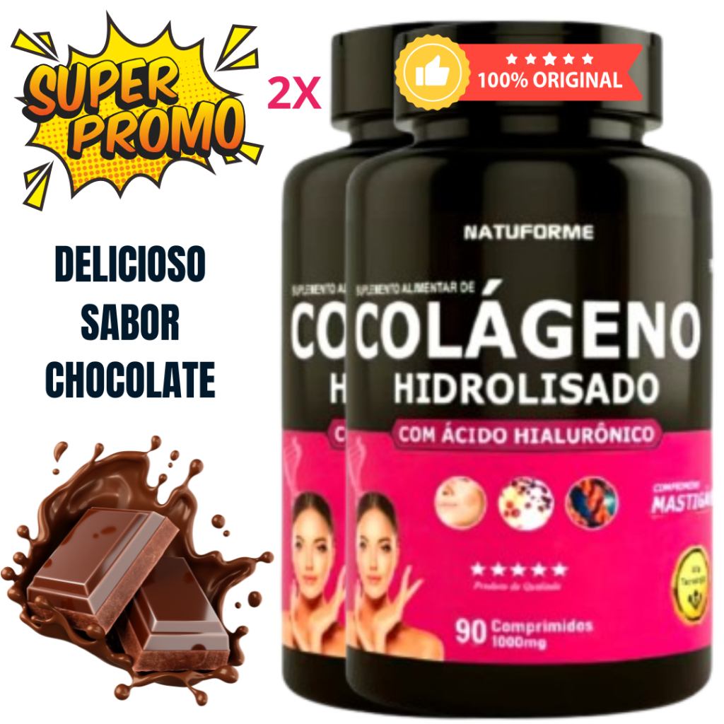 Colágeno Hidrolisado Original 2 Potes Natuforme Com Ácido Hialurônico Sabor Chocolate 1000mg Premium 90 Cápsulas