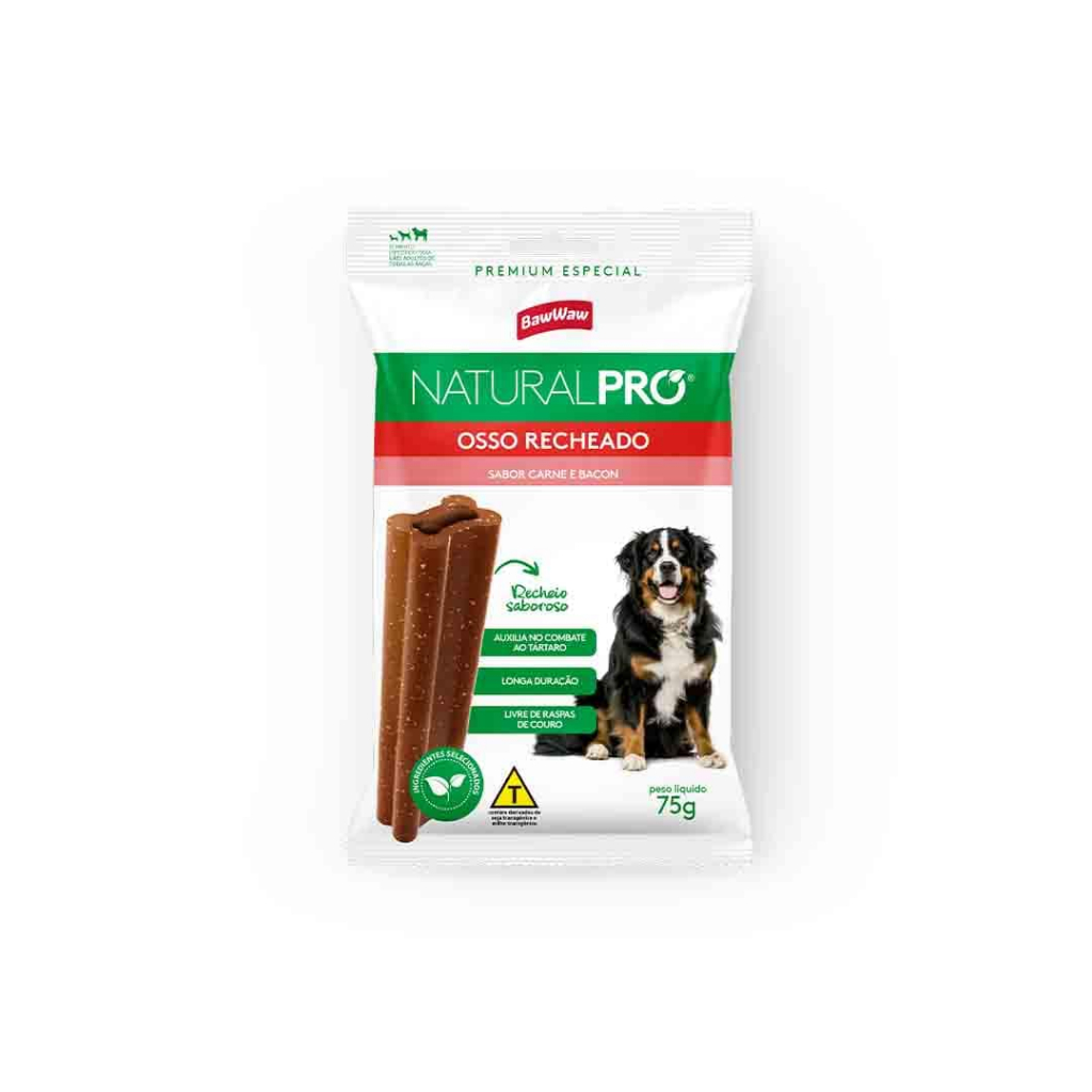 Baw Waw osso recheado carne e bacon limpeza dentes p/ cachorro 75g