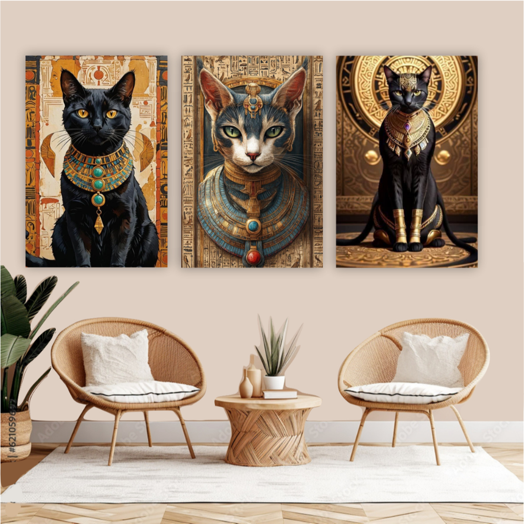 Quadro decorativo 3 peças gato do egito gato cleópatra decoração sala quarto loja