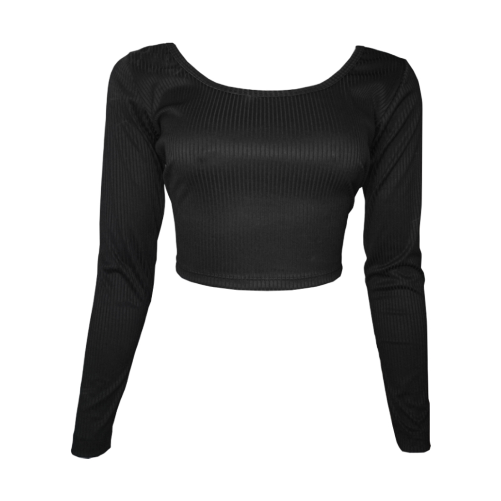 Blusa Feminina Cropped Canelada Manga Longa Gola Redonda