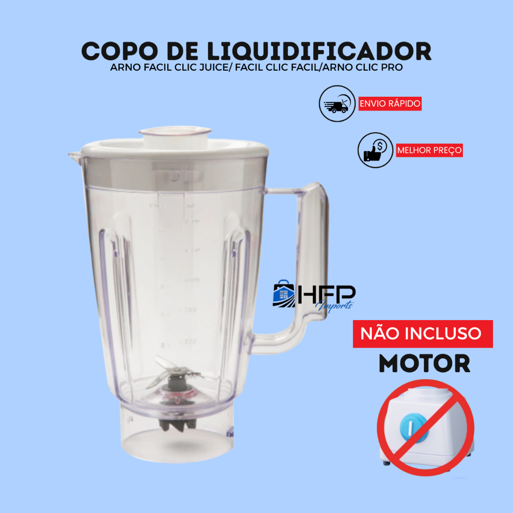 Copo Liquidificador Arno Facil clic Juice/ Facil Clic Facil/Arno Clic Pro  Cristal Resistente Tampa Branca