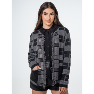 Casaco Cardigã Blusa Feminino De Frio Xadrez com Franjas Tricô Manga Longa Luxo em Oferta na Shopee
