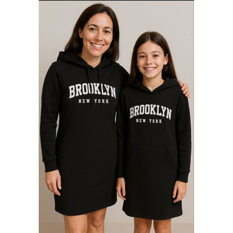 Conjunto Mãe e filha vestido blusão moletom flanelado iguais brooklin preto