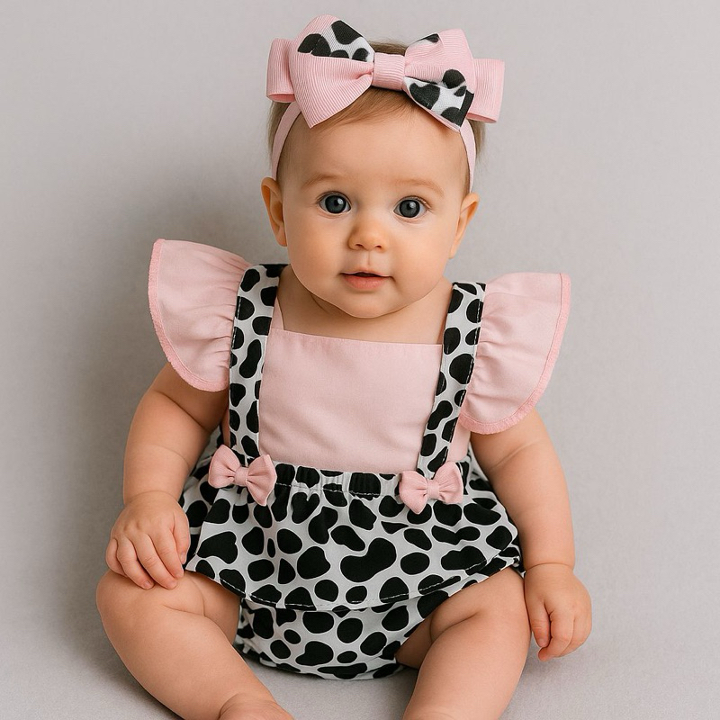 Rompe Jardineira Body Temático Fazendinha Vaquinha + Laço melhores temas meninas em Oferta na Shopee