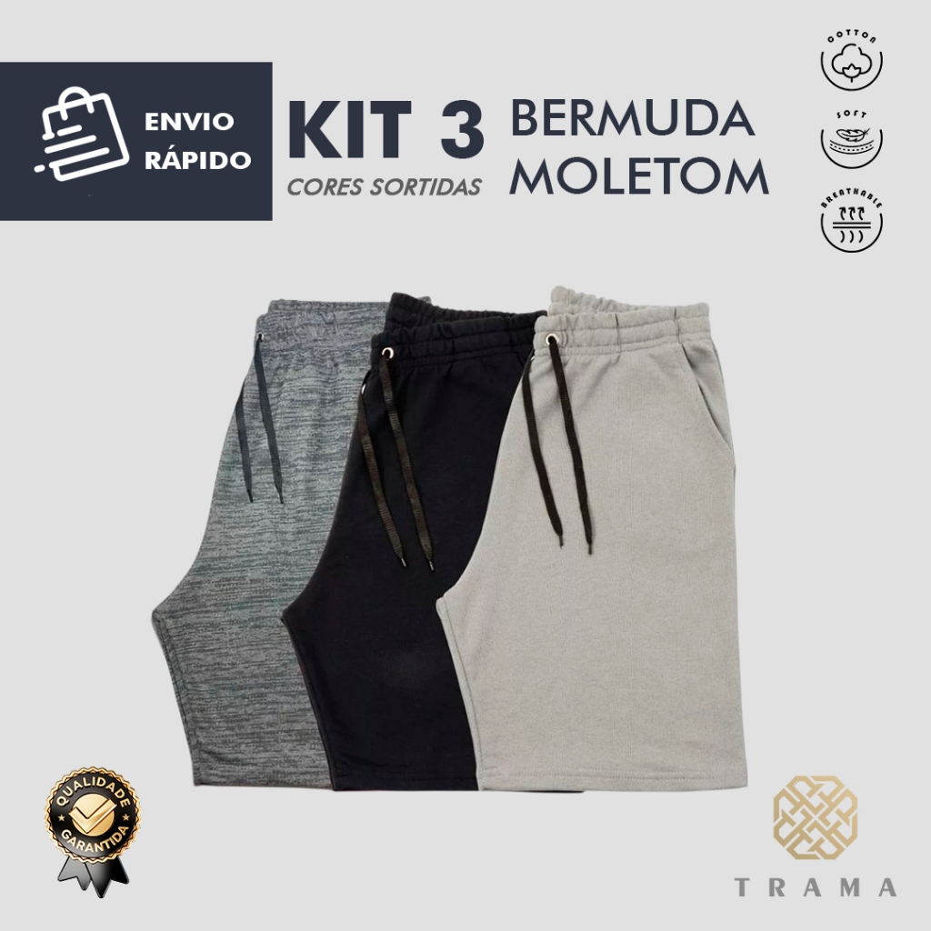 Kit 3 Bermuda Shorts Moletom Masculino Academia Treino lisa 2 Bolso Cores Sortidas Verão confortavel esportiva