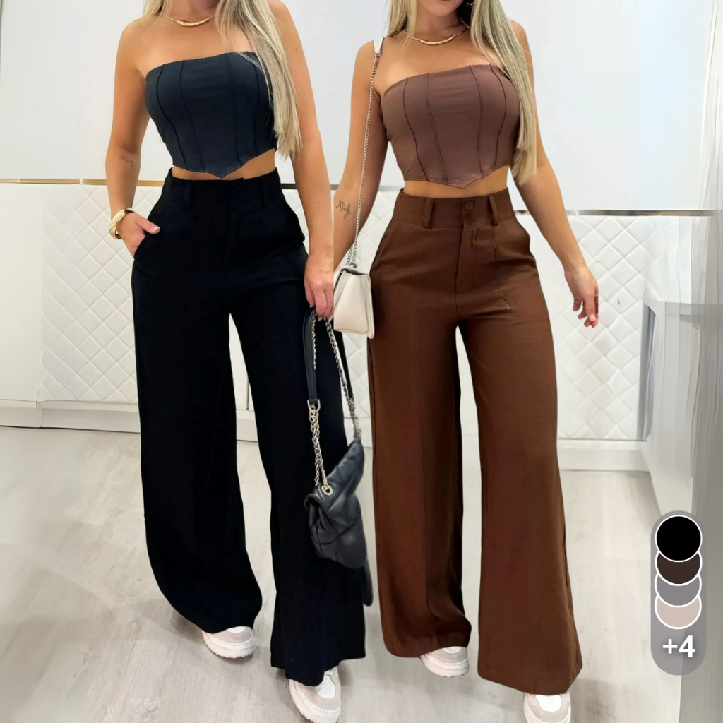 Kit 2 Calça Pantalona Alfaiataria Feminina Wide leg Social Cós Alto