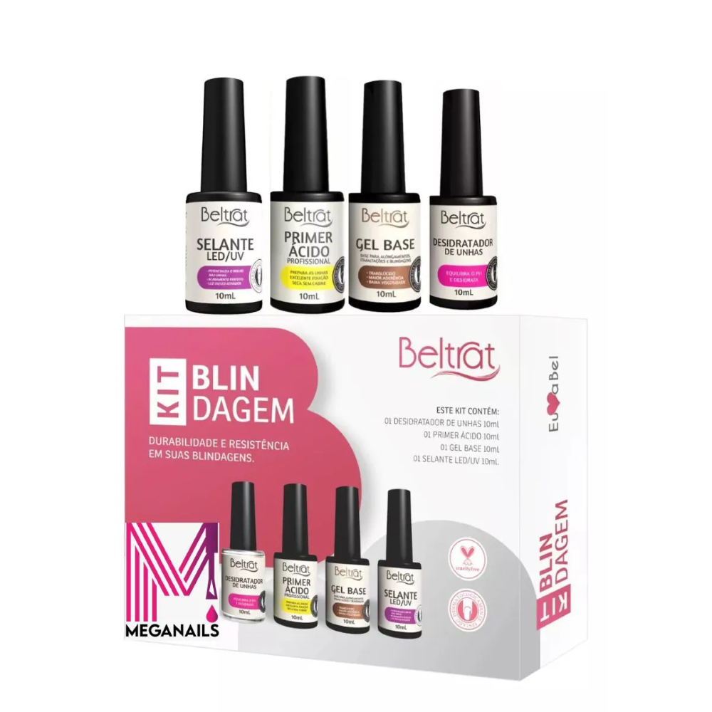 Kit Blindagem para Alongamento de Unhas em Gel Beltrat Desidrat + Primer + Gel Base + Selante