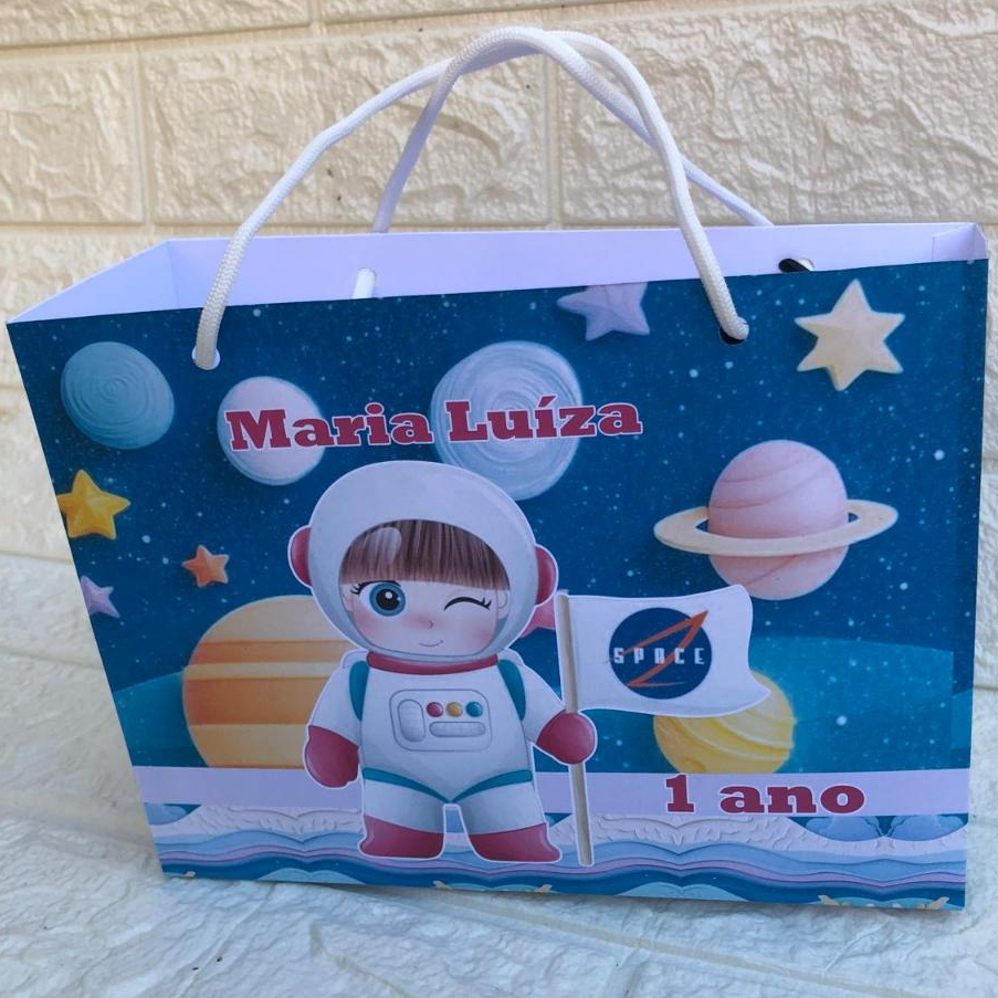 PEGUE E MONTE Sacolinha/Bolsinha Personalizada para Festa ASTRONAUTA MENINA Mimos Lembrancinhas Sacolinha Surpresa