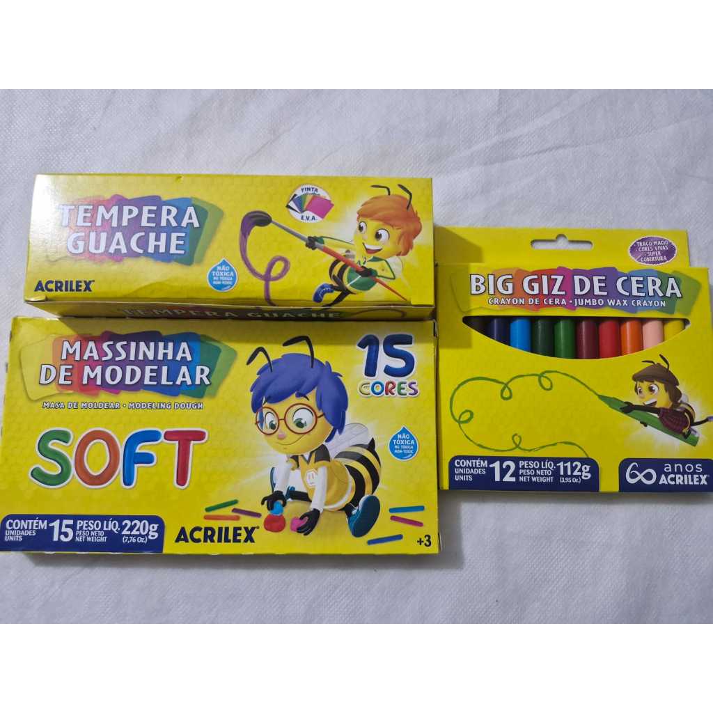 KIT ACRILEX - GUACHE 12 CORES - MASSINHA DE MODELAR 15 CORES - GIZ DE CERA 12 CORES
