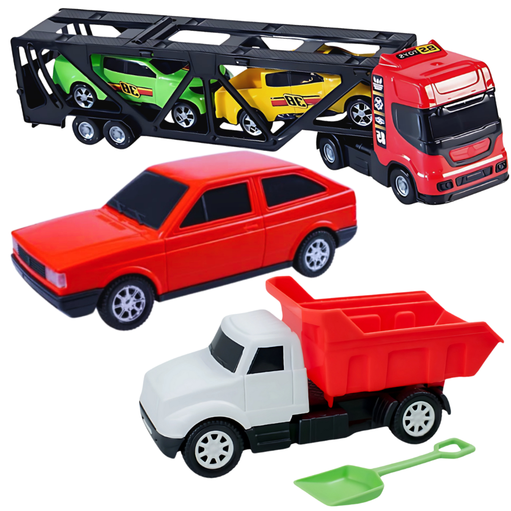 Kit Brinquedo Meninos Caminhão Cegonha 2 Carros Carro Gol Quadrado Caminhão Basculante