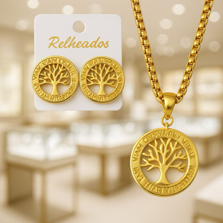 Colar e brinco árvore da vida folheado ouro ou prata veneziana grossa em Oferta na Shopee