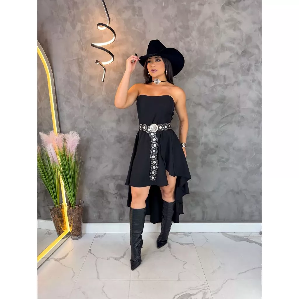 Vestido Longo de Calda Estilo Boho Pecuaria e Rodeio Preto — imagem 1