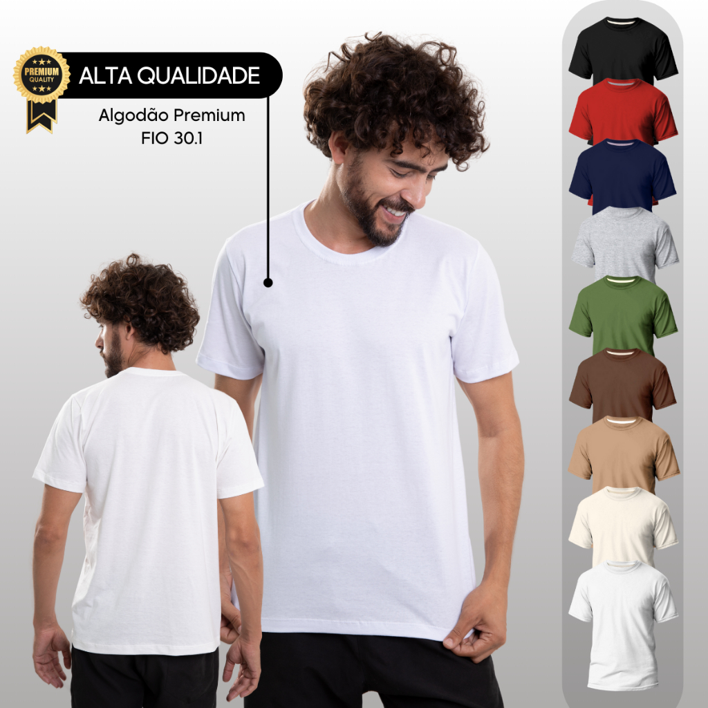 Camiseta Básica Masculina 100% Algodão Fio 30.1 Gola Redonda Lisa Toque Macio (P, M, G, GG) em Oferta na Shopee