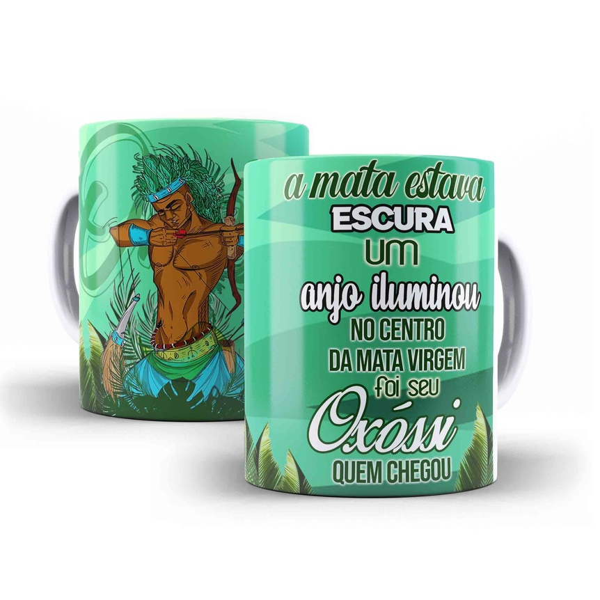 Caneca Porcelana Orixá Oxóssi A Mata Estava Escura, Um Anjo Iluminou