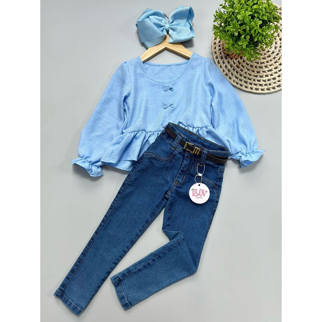 ISA CINTRA -Conjunto Infantil feminino Blusa Bata e Calca jeans Skinny com lycra mini diva blogueira