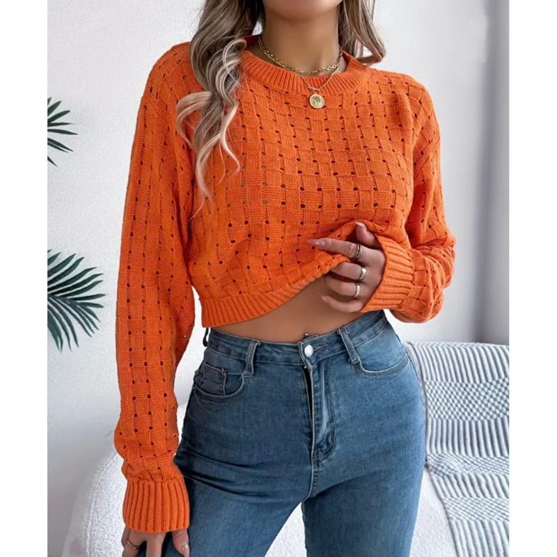 Blusa cropped furinhos costas aberta manga longa tricot moda feminina