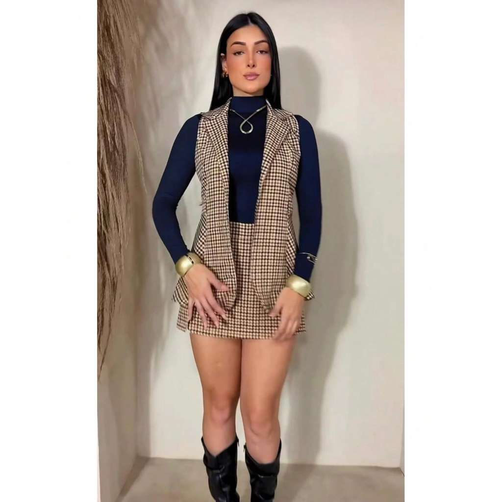 Conjunto Feminino De Shorts Saia e Colete Xadrez Um Charme De Elegância.