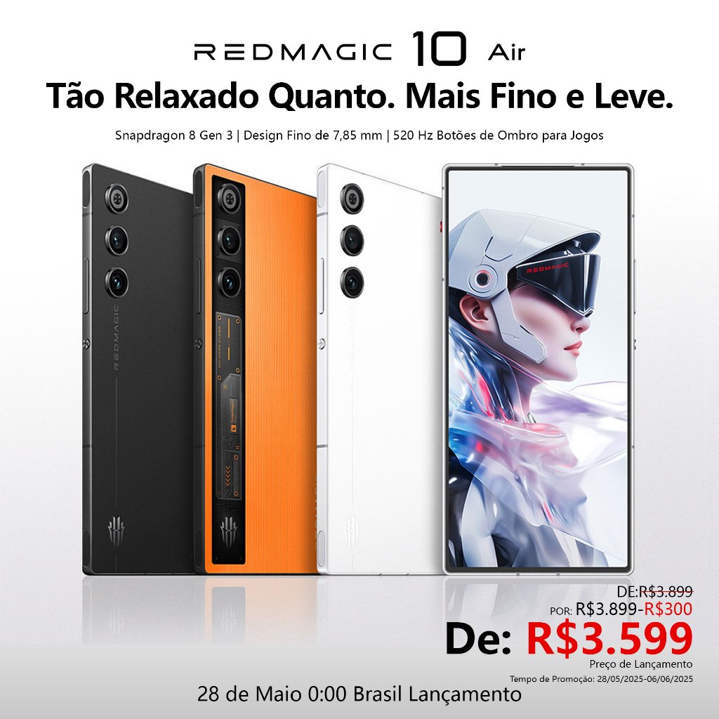 REDMAGIC 10 Air 520Hz celular para jogos 12/16GB+256/512GB, Fino de 7,85mm, chip duplo Sna...