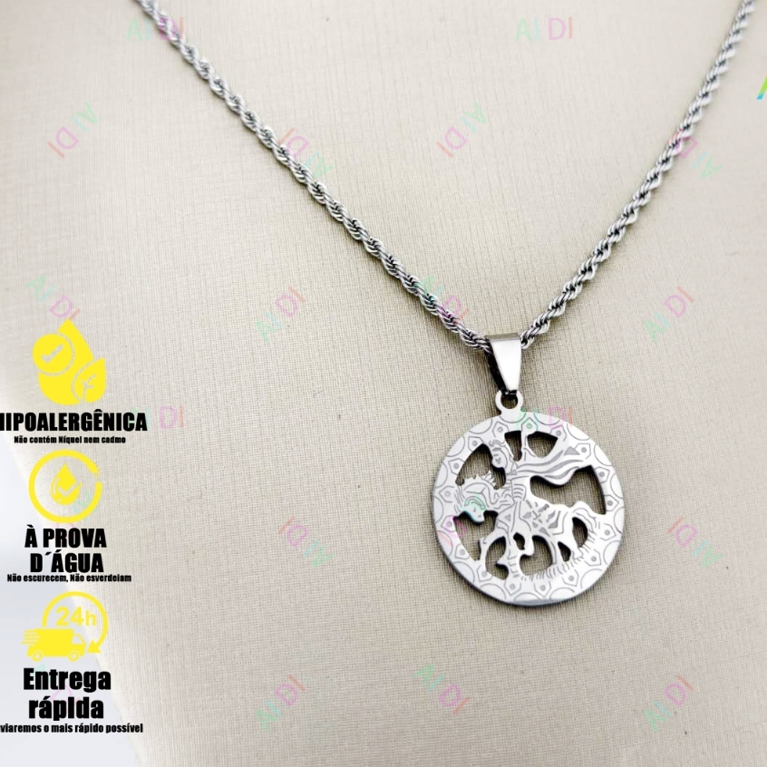 Pingente São Jorge Corrente São Jorge Guerreiro Aço Inox presente Colar prata