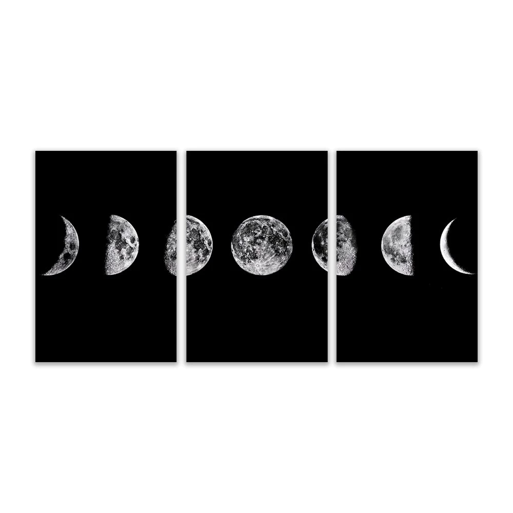 Quadro Decorativo Fases da Lua Estrelas Universo Céu Noturno Satélite Natural e Planeta Terra