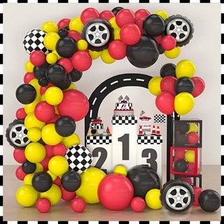 Kit Carros 111 balões pneu+fita+cola arco desconstruído fórmula um balões vermelho amarelo e preto balões de roda