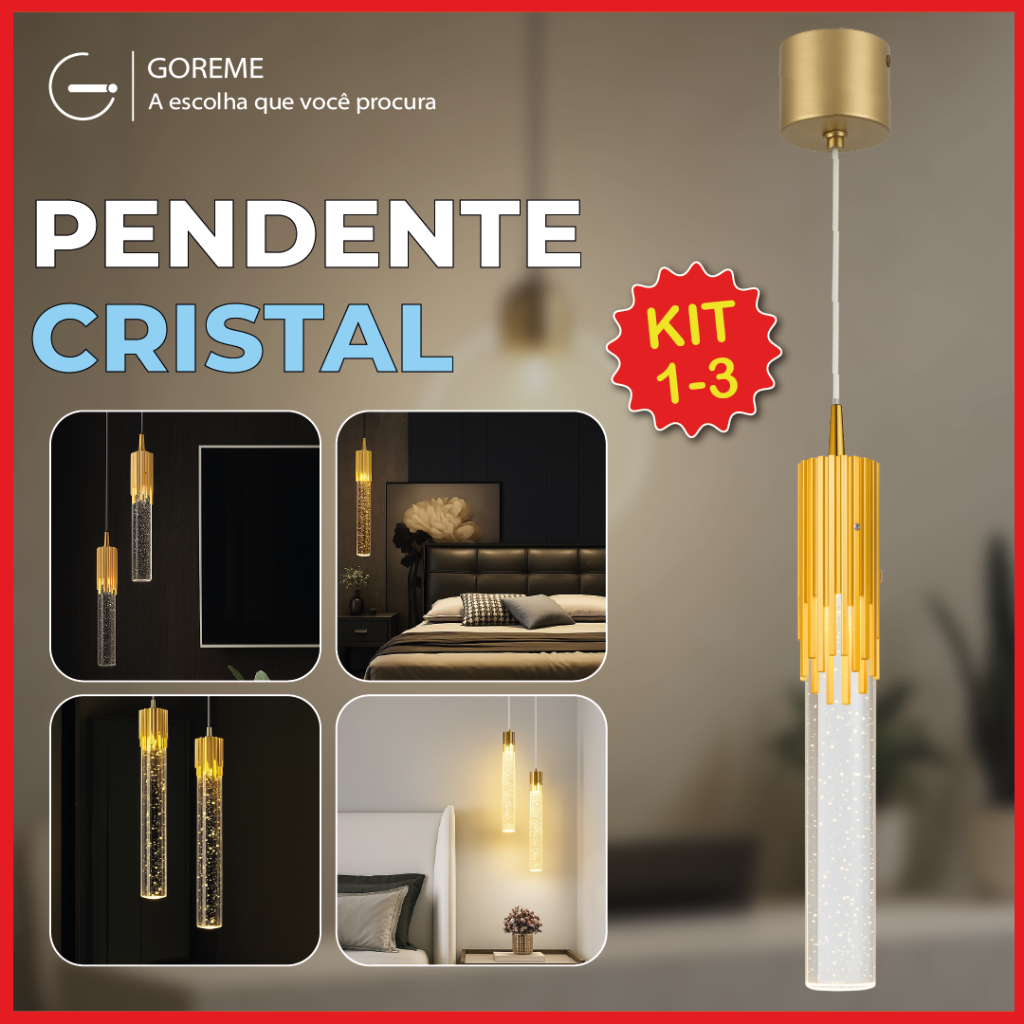 Luminária Pendente Tubo de Cristal Led de Luxo Dourado com Bolha 3 Tons de Luz Bivolt em Oferta na Shopee