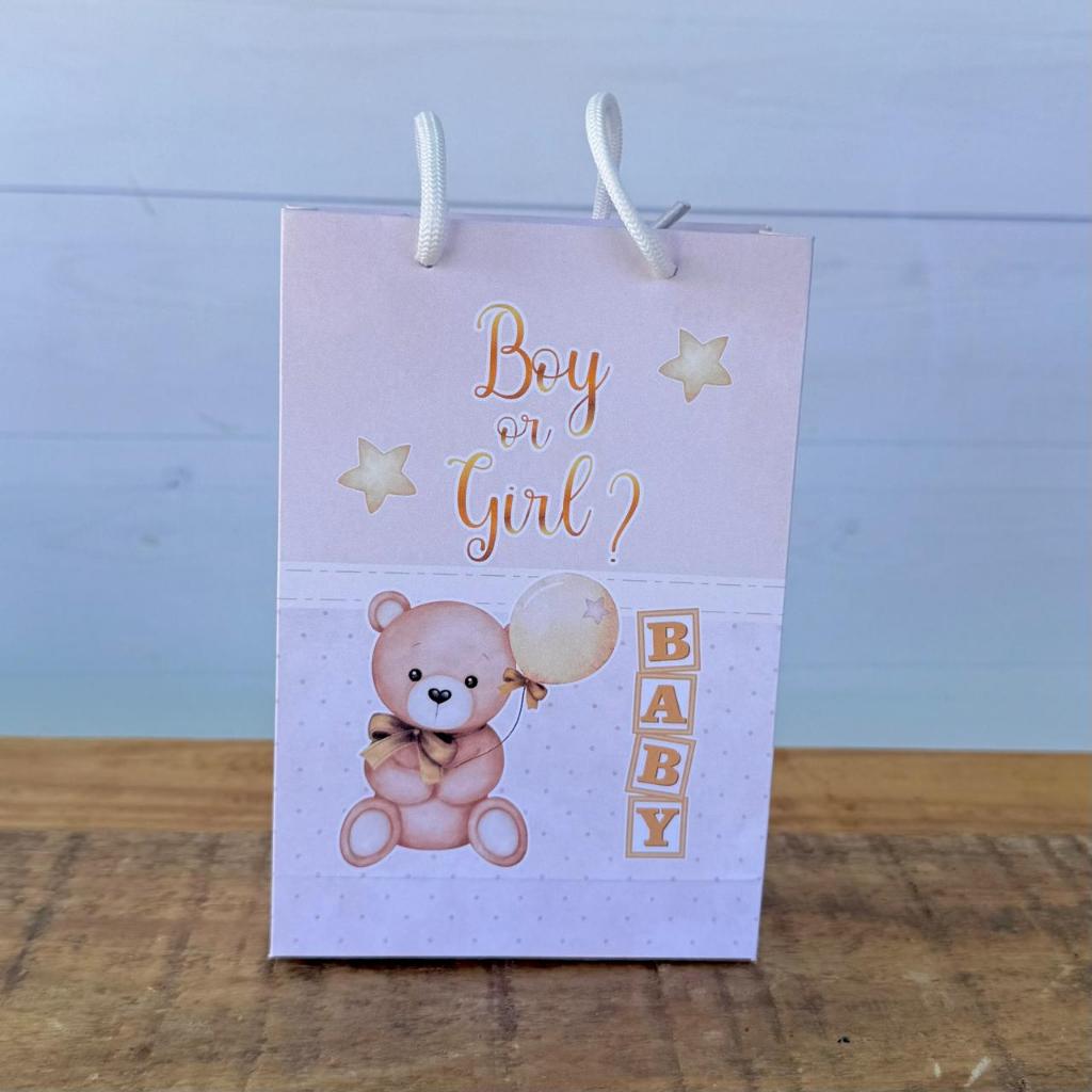 Sacolinha Personalizada Chá Revelação Bege e Dourado | Pegue e Monte | Lembrancinhas | Festa infantil | Aniversário