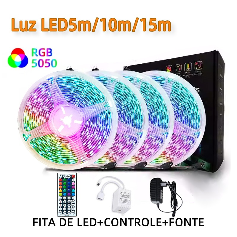 Fita LED 5050 RGB 5m/10m/15m Kit Completo c/  44 Key IR Controle e Fonte Para Quarto TV Sala Com luz Branca