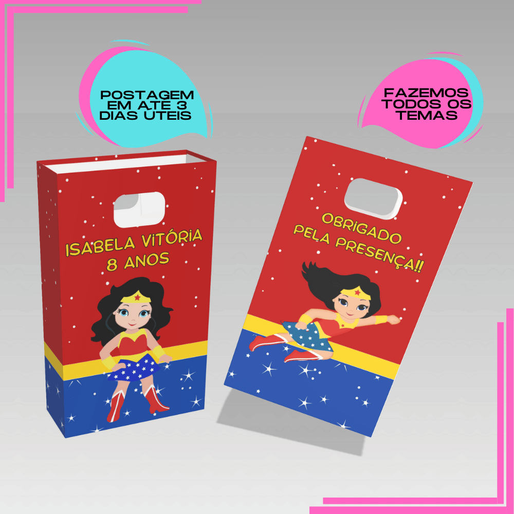 Sacolinha Personalizada para Lembrancinha boca de palhaço Mulher Maravilha cut baby