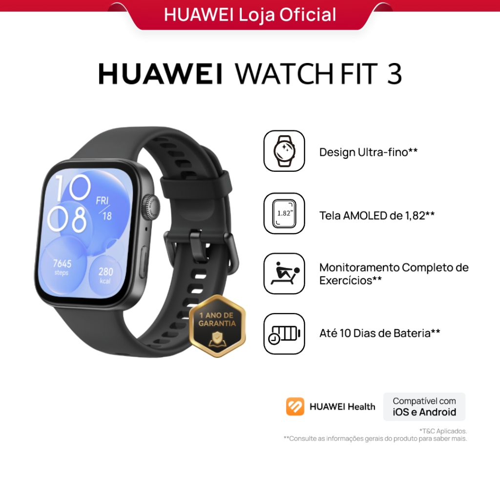 HUAWEI WATCH Fit 3 | Relogio Smartchwatch | Monitoramento Completo de Exercícios