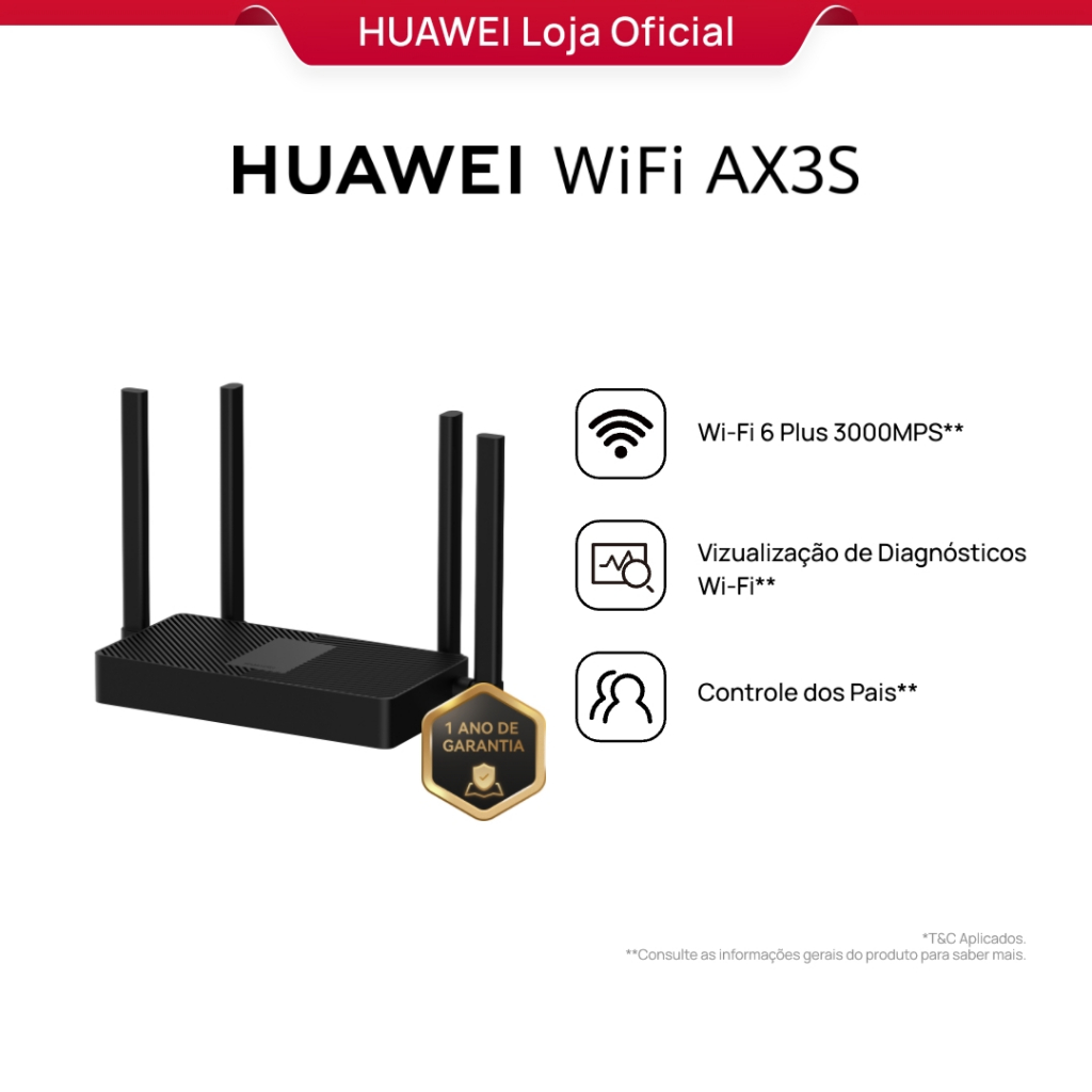 HUAWEI WiFi AX3S | Roteador | Wi-Fi 6+, 3000Mbps |  Easymesh |  HiConfig Preset | Preto