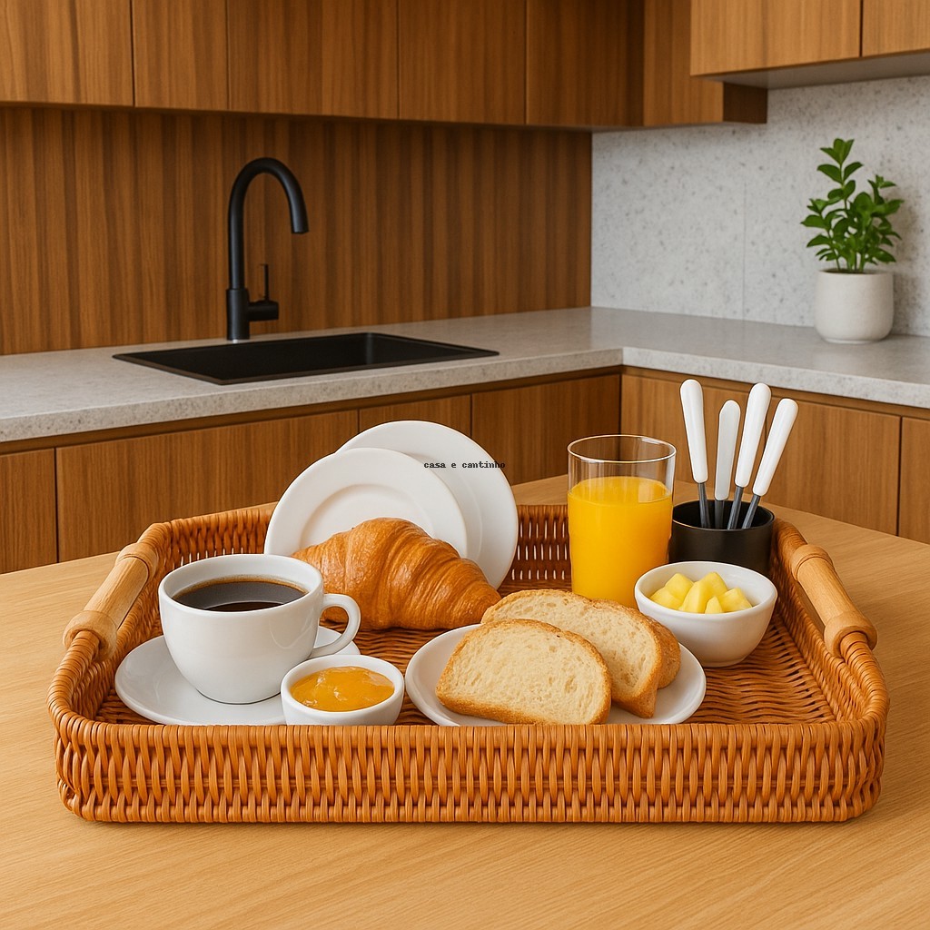Bandeja de Vime Resistente Organizadora Redonda Retangular Cesto para servir Café Frios Do...