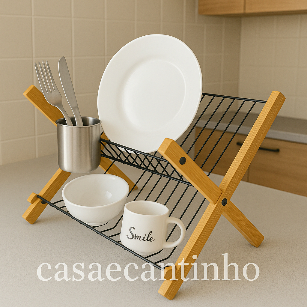 Escorredor de Bambu para Louça Porta Pratos Bancada com Divisórias Decorativo Casa Cozinha