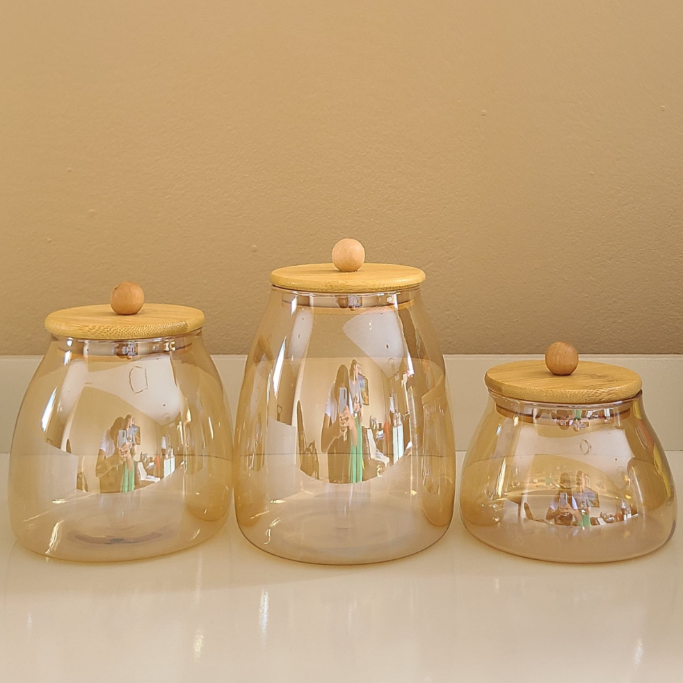Kit 3 Potes vidro AMBAR BOLINHA Dourado tampa hermética de bambu P/ mantimentos
