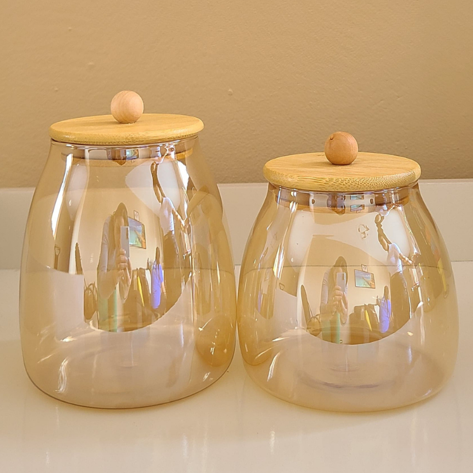 Kit 3 Potes vidro AMBAR BOLINHA Dourado tampa hermética de bambu P/ mantimentos