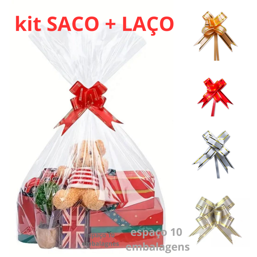 kit 10 saco + 10 laço para cesta de presente saco tipo celofane cristal das mães dia dos namorados comemorações em geral em Oferta na Shopee
