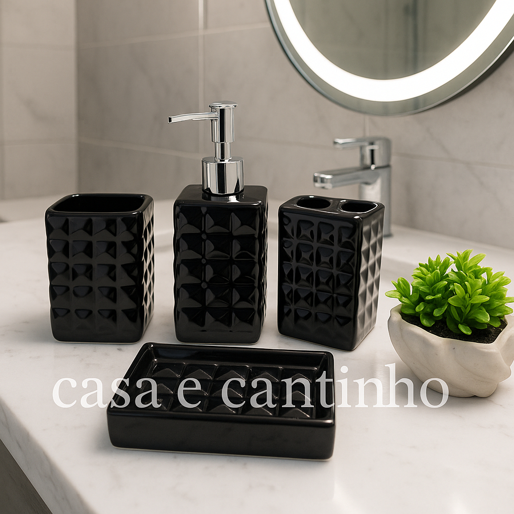 kit Jogo Banheiro Lavabo Porcelana Difusor Dispenser Sabonete Liquido Bandeja Kit 4 Peças Decoração