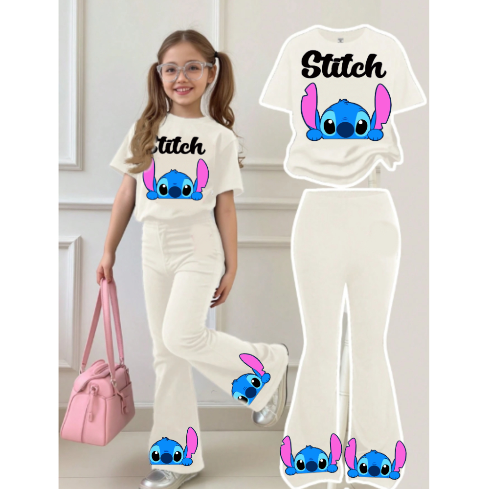 conjunto infantil inverno calça flaire camiseta moda estampa stitch menina tamanho 2 ao 14