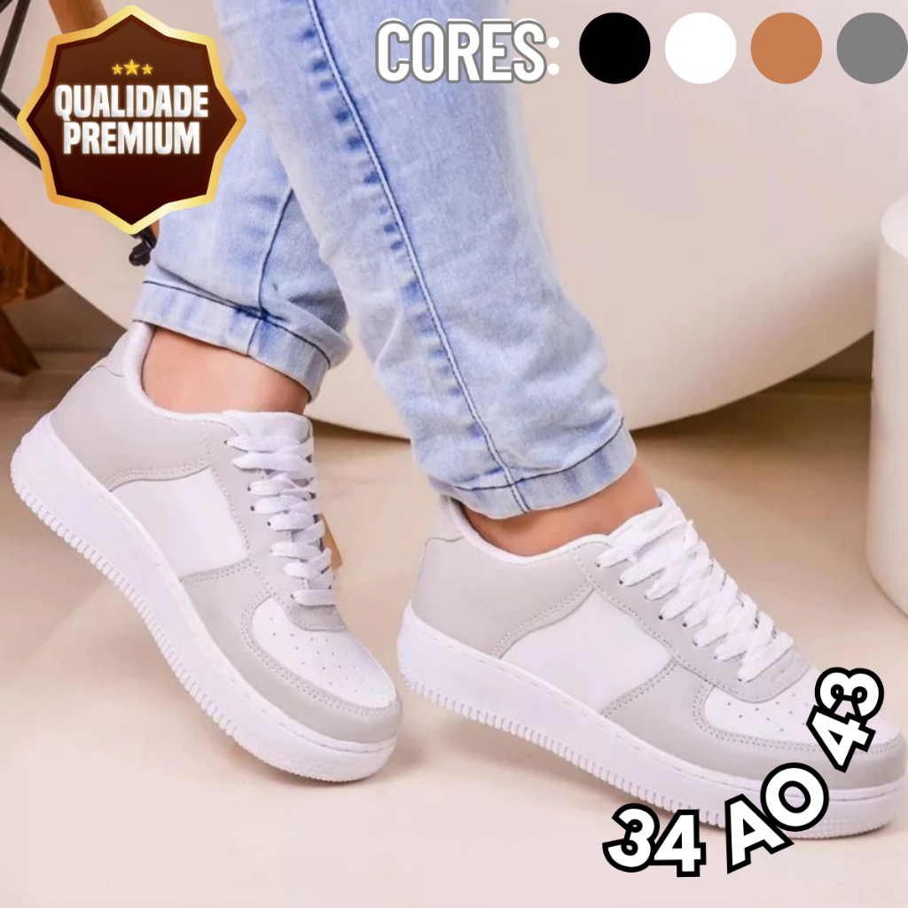 Tênis Feminino Casual Confortável Branco Cinza Tendência Moderna