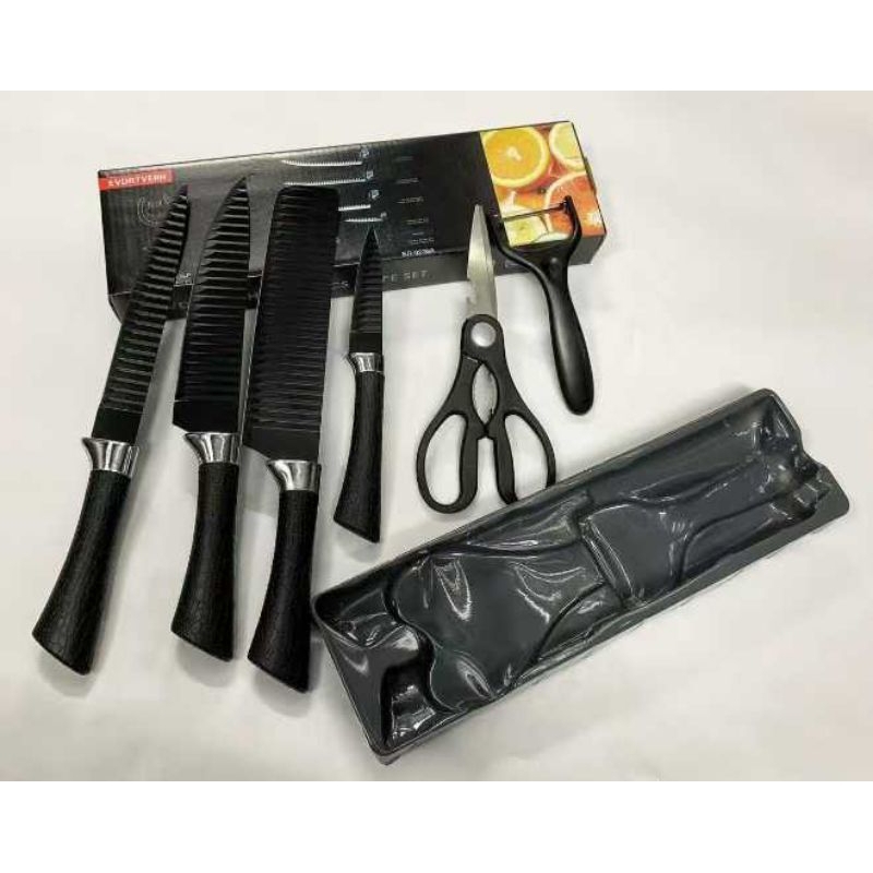 Kit facas de cozinha/Churrasco Profissional Antiaderente 6 Peças Preto/colorido