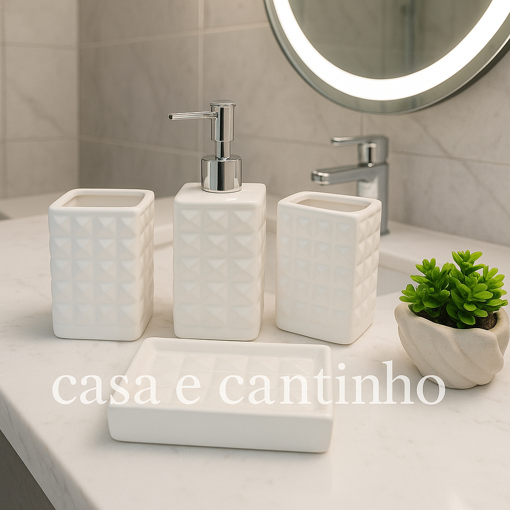 kit 4 Peças Jogo de Banheiro Lavabo Porcelana Difusor Dispenser Sabonete Liquido Bandeja D...