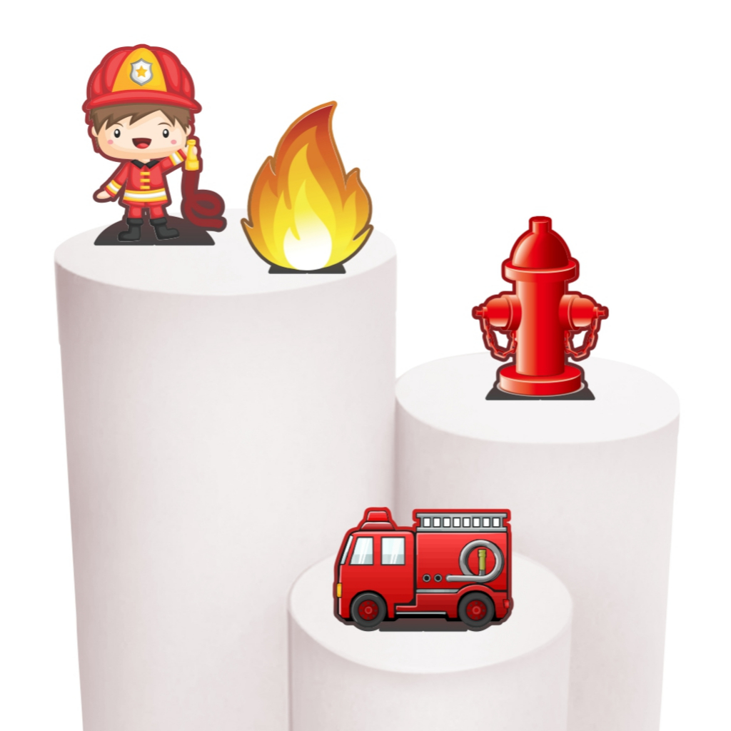 Kit de Display 4 de 20cm Totens para Decoração de Festa Bombeiros Cute em MDF Cortado a Laser