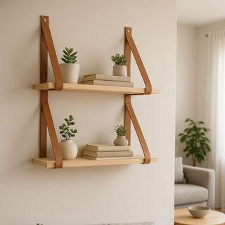 Kit 2 Prateleira em Madeira Com alça de Couro Suporte de Parede em Oferta na Shopee