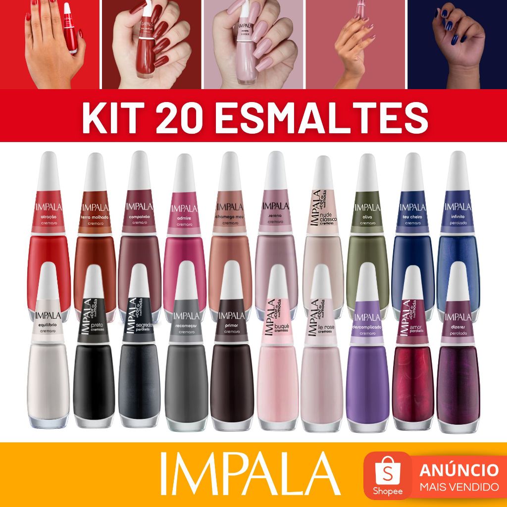 Kit 20 Esmalte Impala Cremoso Hipoalergenico Cor da Sua Moda esmalte Kit Manicure Completo
