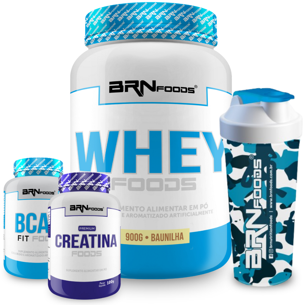 Kit Whey Foods 900g + BCAA Fit Foods 100g + Creatina Premium 100g + Coqueteleira - BRN Foods em Oferta na Shopee